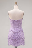 Sparkly Pink Floral Tight Short Strapless Homecoming Dress with Pearls