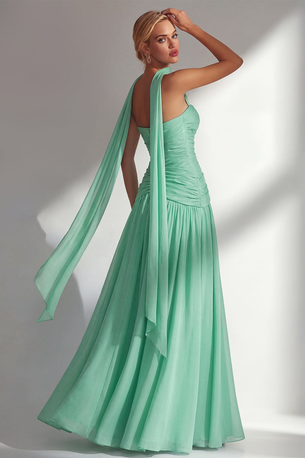 Strapless Ruched Long Butter Yellow Neck Scarf Boho Bridesmaid Dress with Slit