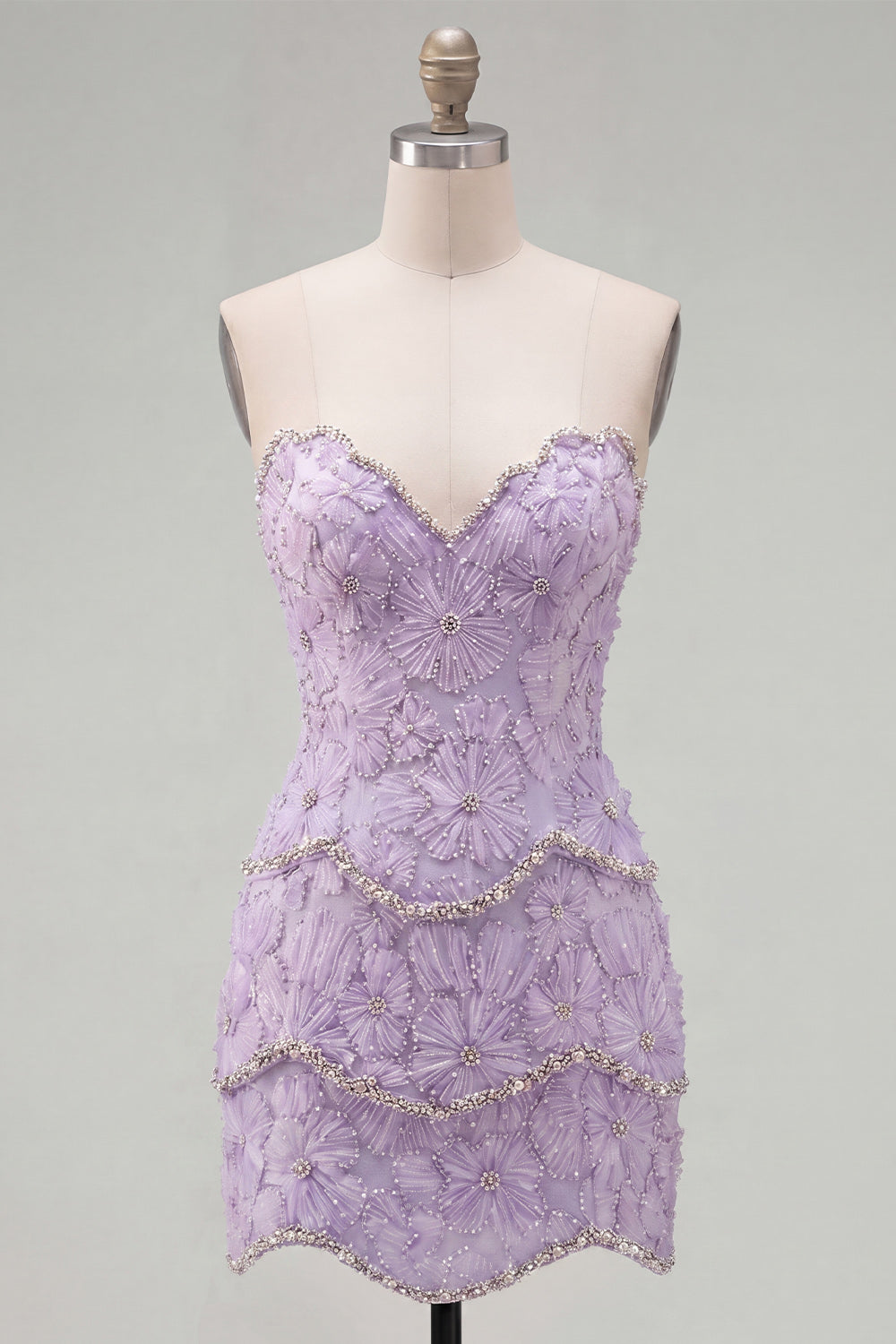 Sparkly Pink Floral Tight Short Strapless Homecoming Dress with Pearls