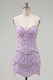 Sparkly Pink Floral Tight Short Strapless Homecoming Dress with Pearls