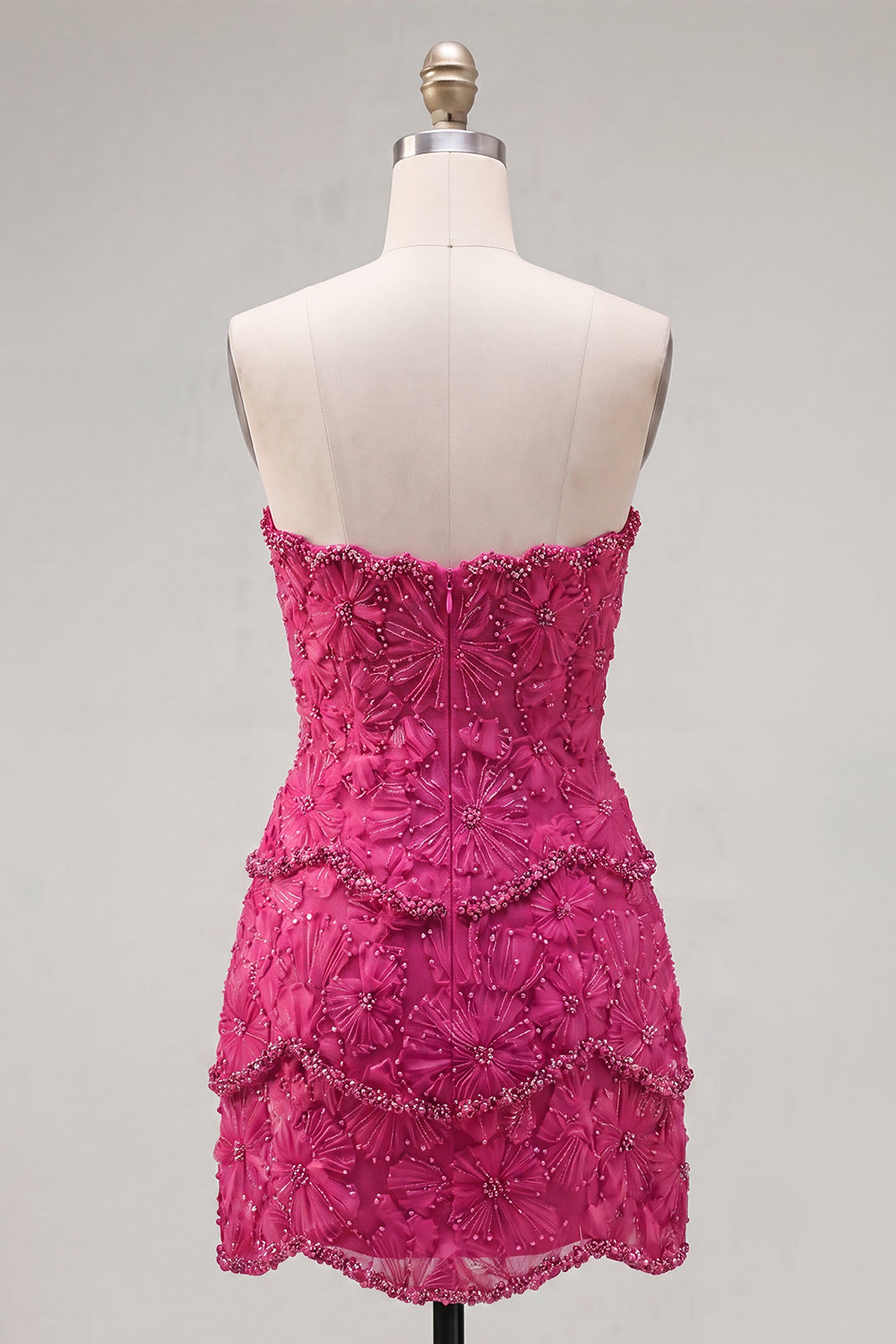 Sparkly Pink Floral Tight Short Strapless Homecoming Dress with Pearls