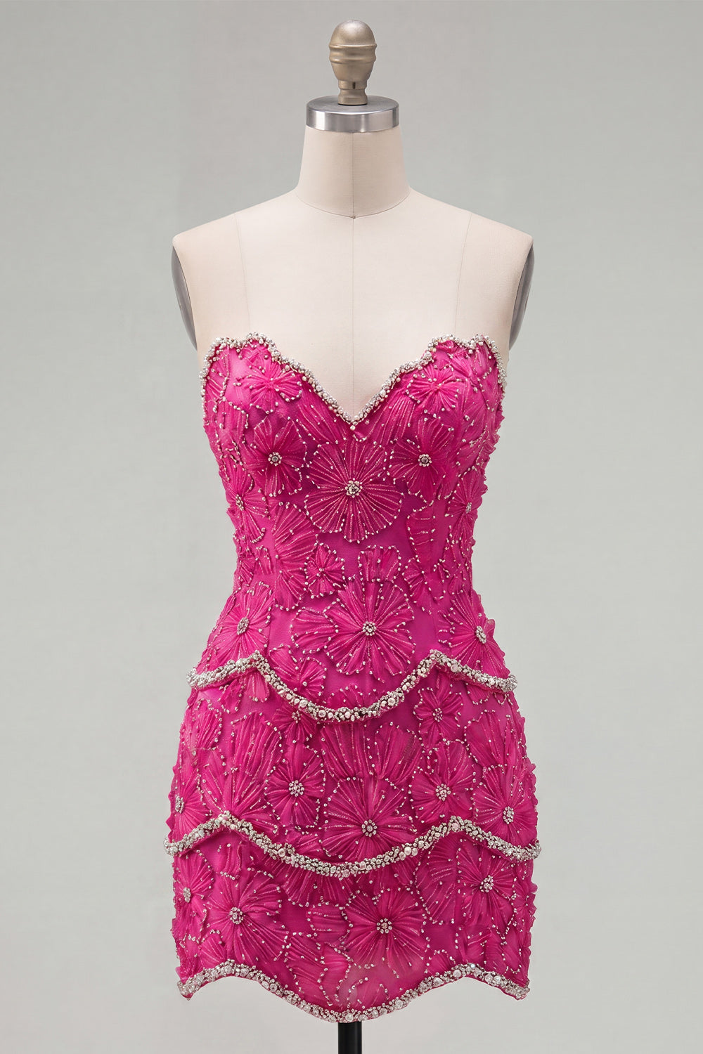 Sparkly Pink Floral Tight Short Strapless Homecoming Dress with Pearls