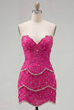 Sparkly Pink Floral Tight Short Strapless Homecoming Dress with Pearls