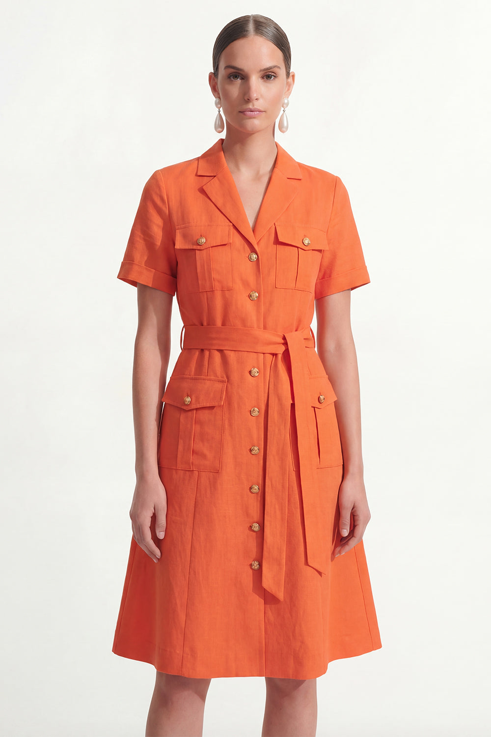 Notched Lapel Orange Short Sleeves Single Breasted Work Dress with Belt