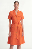 Notched Lapel Orange Short Sleeves Single Breasted Work Dress with Belt