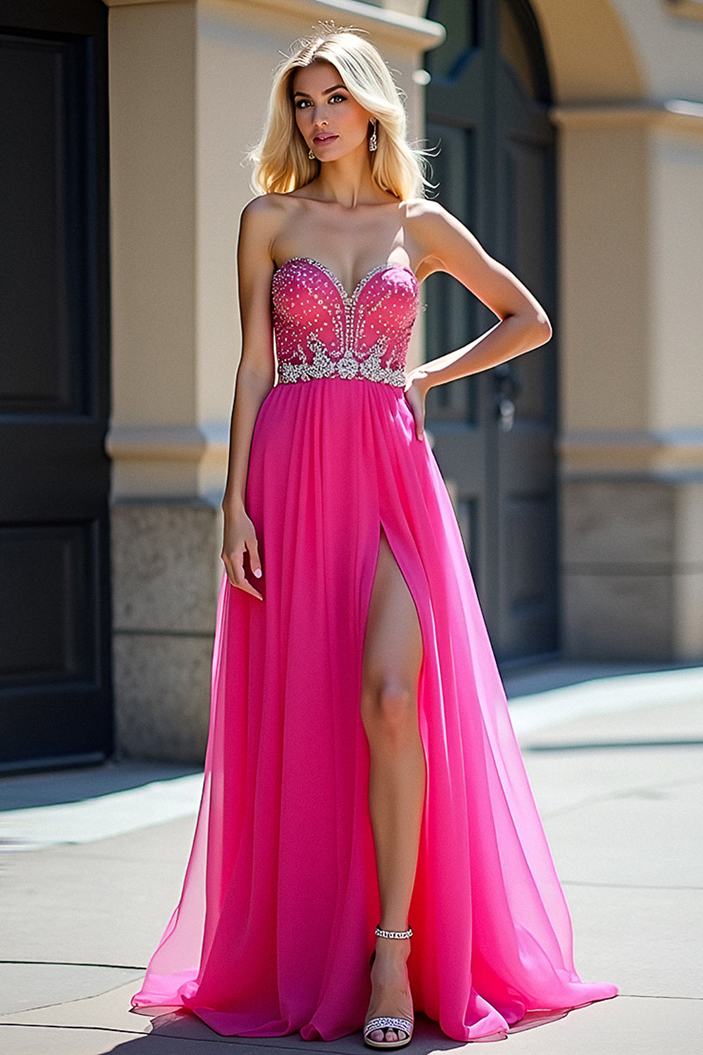 Tulle Long Fuchsia Sweetheart Beaded Prom Dress with Slit