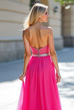 Tulle Long Fuchsia Sweetheart Beaded Prom Dress with Slit