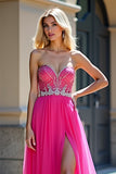 Tulle Long Fuchsia Sweetheart Beaded Prom Dress with Slit