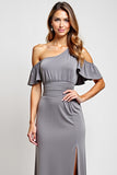 Grey One Shoulder Sheath Long Bridesmaid Dress with Slit