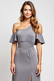 Grey One Shoulder Sheath Long Bridesmaid Dress with Slit