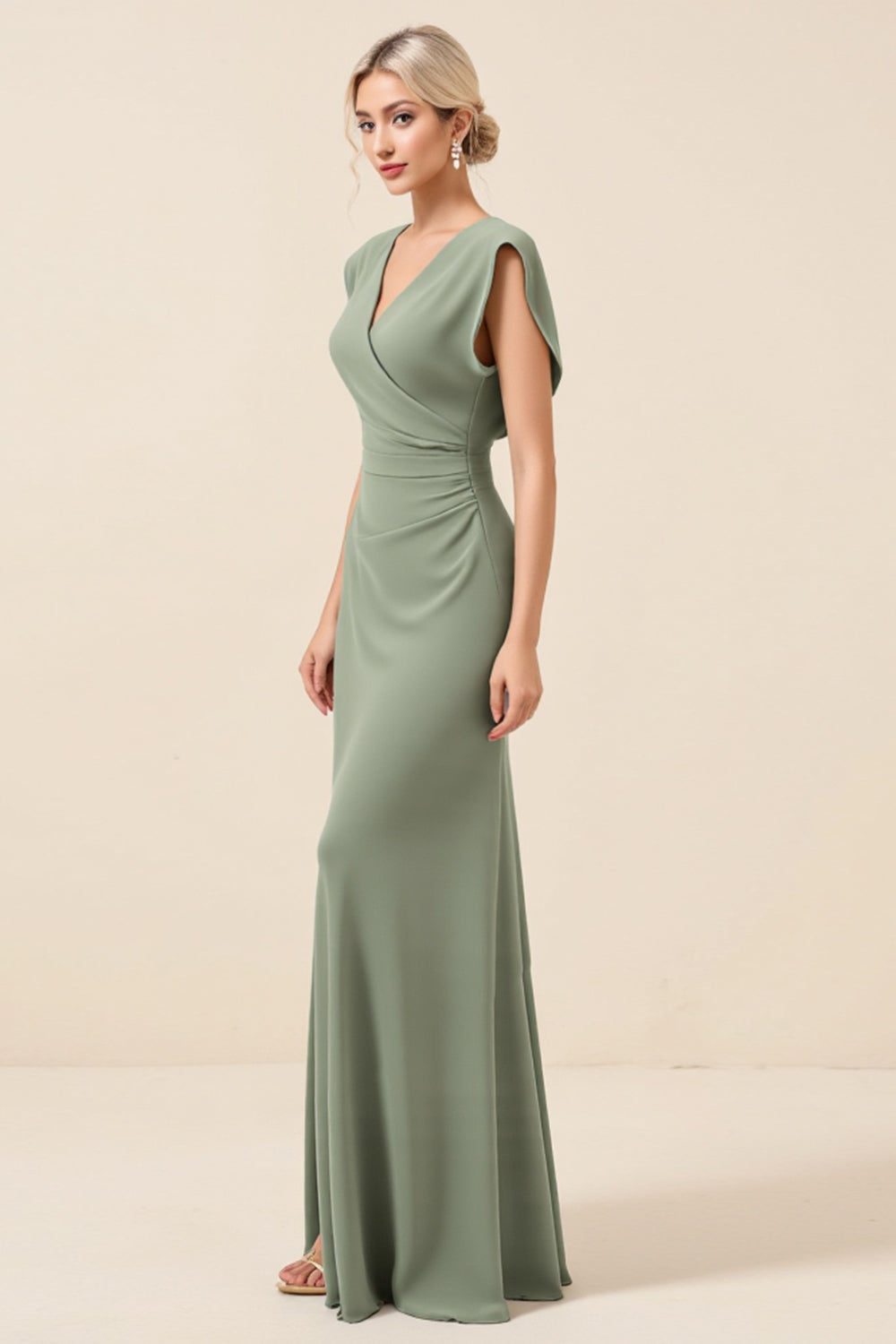 ZAPAKASA Women Eucalyptus Sheath Chiffon V-Neck Bridesmaid Dress with Slit Ruched Cap Sleeves Long Wedding Guest Dress ZAPAKASA Women Eucalyptus Sheath Chiffon V-Neck Bridesmaid Dress with Slit Ruched Cap Sleeves Long Wedding Guest Dress