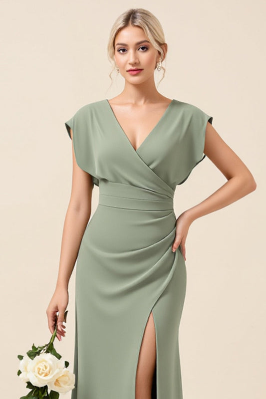Chiffon Eucalyptus Sheath V-Neck Long Bridesmaid Dress with Slit