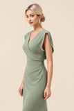 Chiffon Eucalyptus Sheath V-Neck Long Bridesmaid Dress with Slit