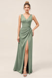 Satin Eucalyptus Sheath V-Neck Long Bridesmaid Dress with Slit
