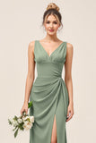 Satin Eucalyptus Sheath V-Neck Long Bridesmaid Dress with Slit