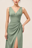 Satin Eucalyptus Sheath V-Neck Long Bridesmaid Dress with Slit