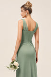 Satin Eucalyptus Sheath V-Neck Long Bridesmaid Dress with Slit