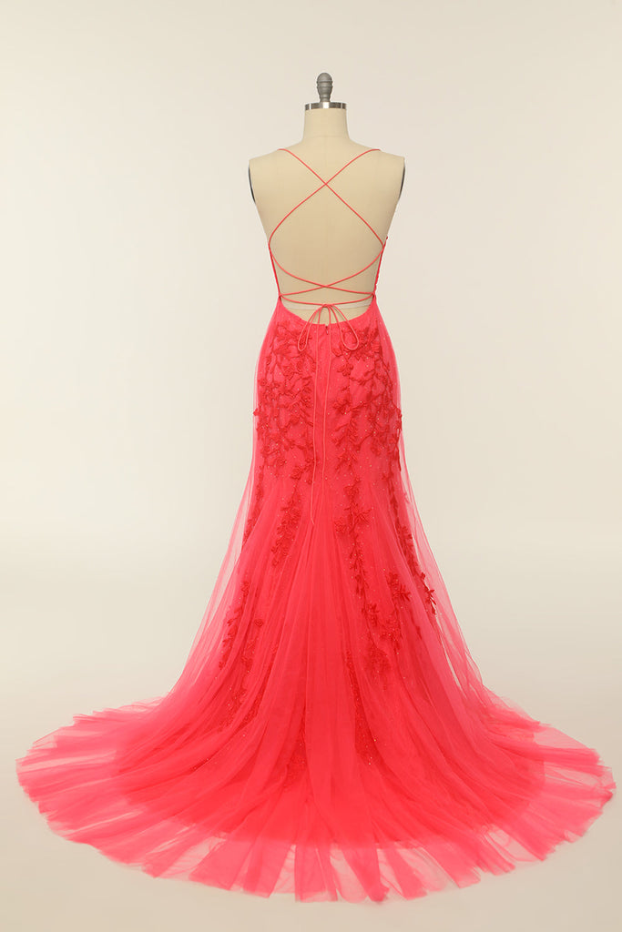 Soft Pink Tulle Spaghetti Straps Appliques Prom Dress With Slit