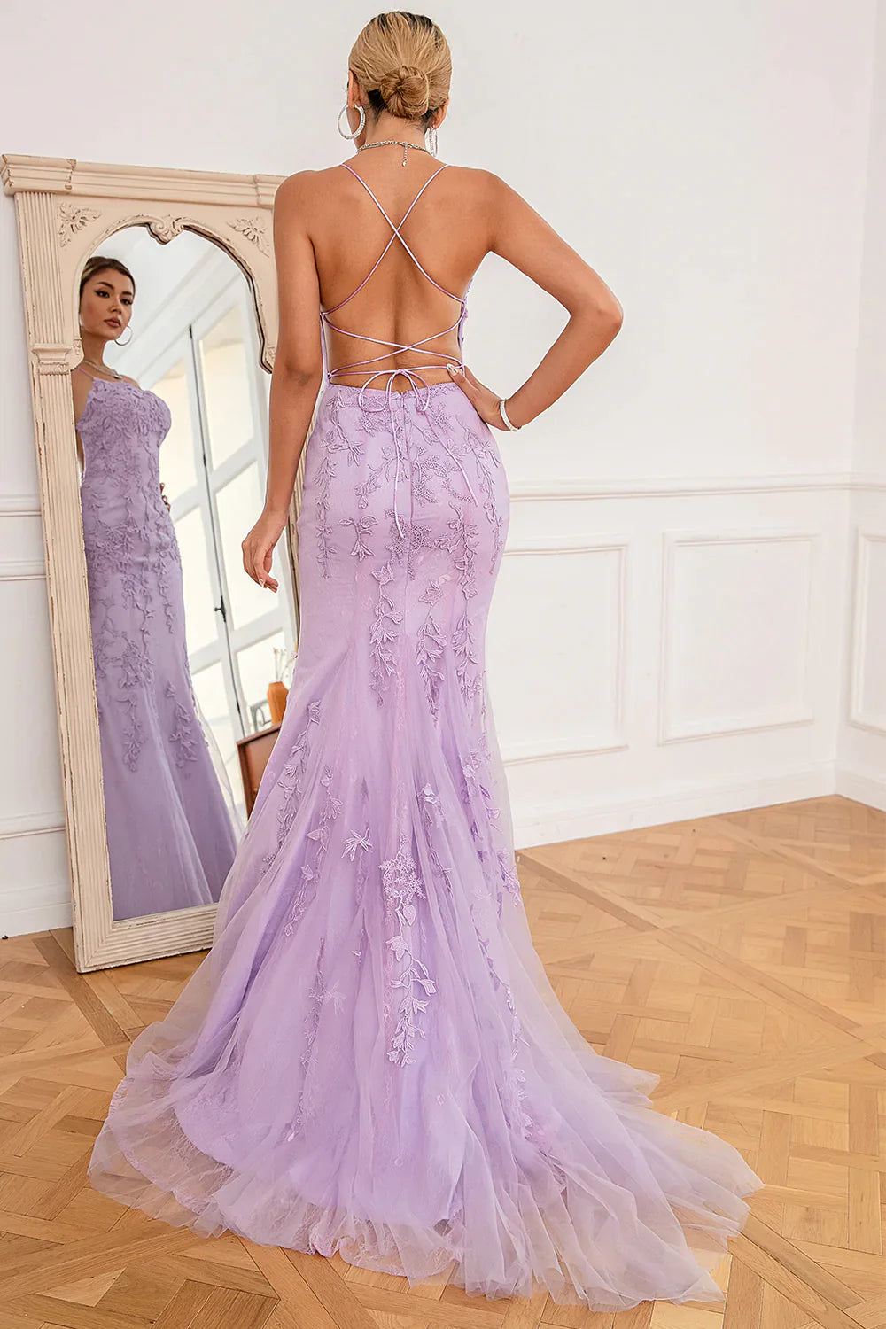 Zapakasa Women Appliques Prom Dress Mint Spaghetti Straps Backless Formal Dress