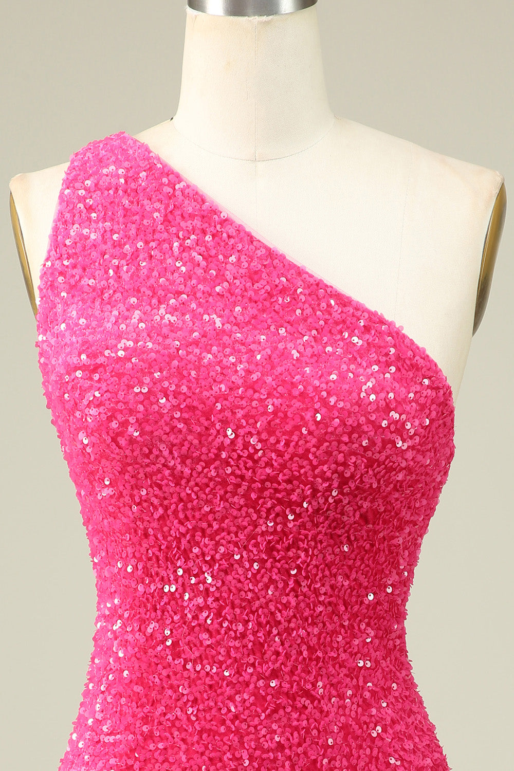 One Shoulder Hot Pink Sequins Tight Homecoming Dress