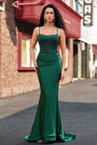 Sparkly Mermaid Dark Green Satin Spaghetti Straps Prom Dress with Lace