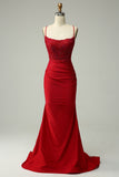 Sparkly Mermaid Dark Green Satin Spaghetti Straps Prom Dress with Lace