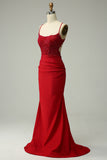 Sparkly Mermaid Dark Green Satin Spaghetti Straps Prom Dress with Lace