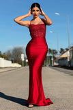 Dark Red Mermaid Satin Spaghetti Straps Prom Dress