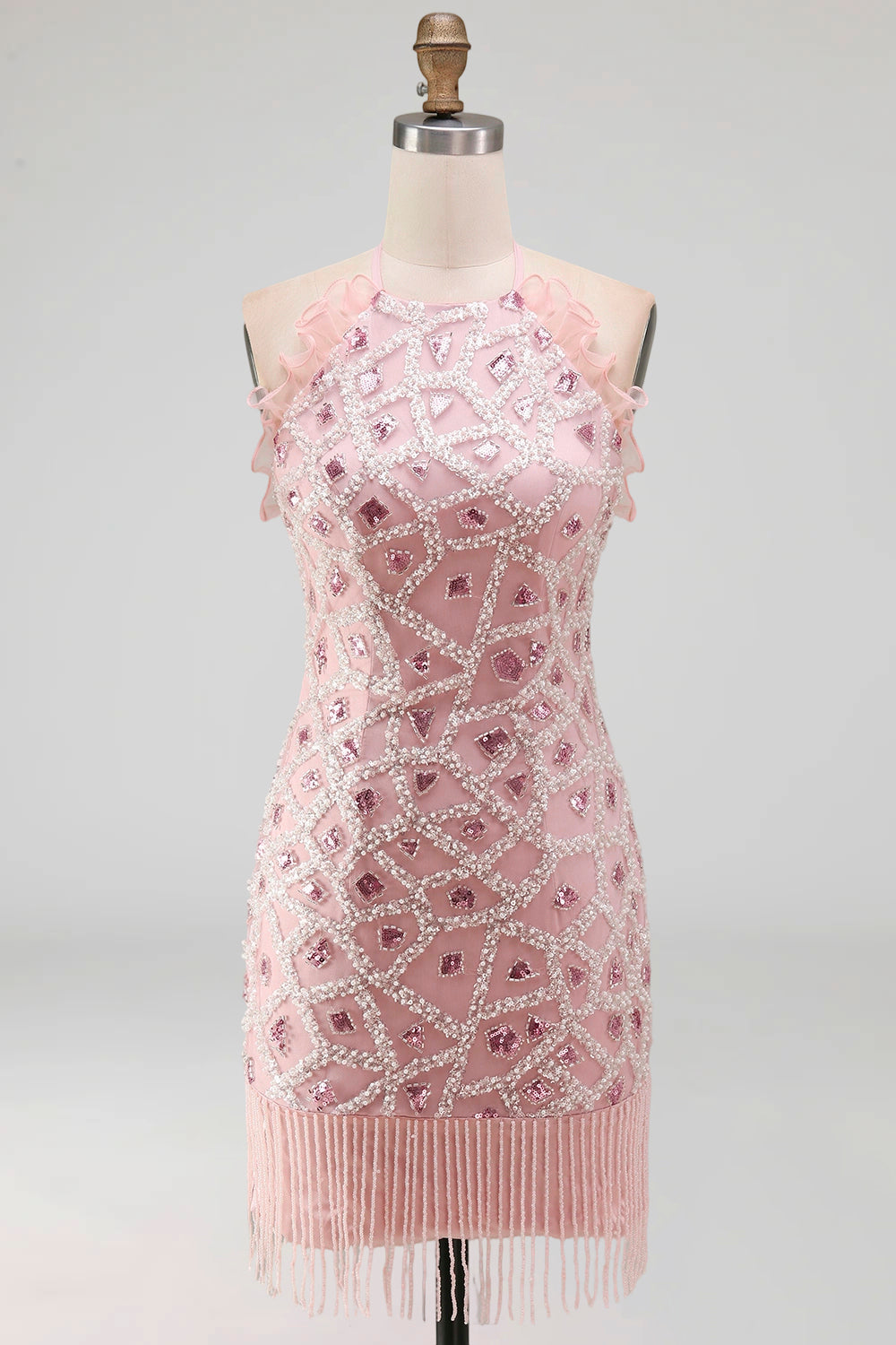 Tight Short Sparkly Blush Ruffled Beaded Halter Cocktail Dress with Fringes