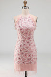 Tight Short Sparkly Blush Ruffled Beaded Halter Cocktail Dress with Fringes