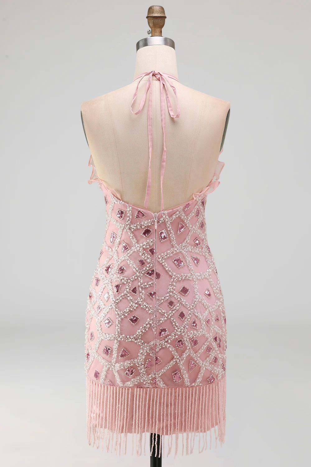 Tight Short Sparkly Blush Ruffled Beaded Halter Cocktail Dress with Fringes
