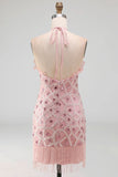 Tight Short Sparkly Blush Ruffled Beaded Halter Cocktail Dress with Fringes
