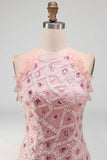 Tight Short Sparkly Blush Ruffled Beaded Halter Cocktail Dress with Fringes