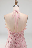 Tight Short Sparkly Blush Ruffled Beaded Halter Cocktail Dress with Fringes