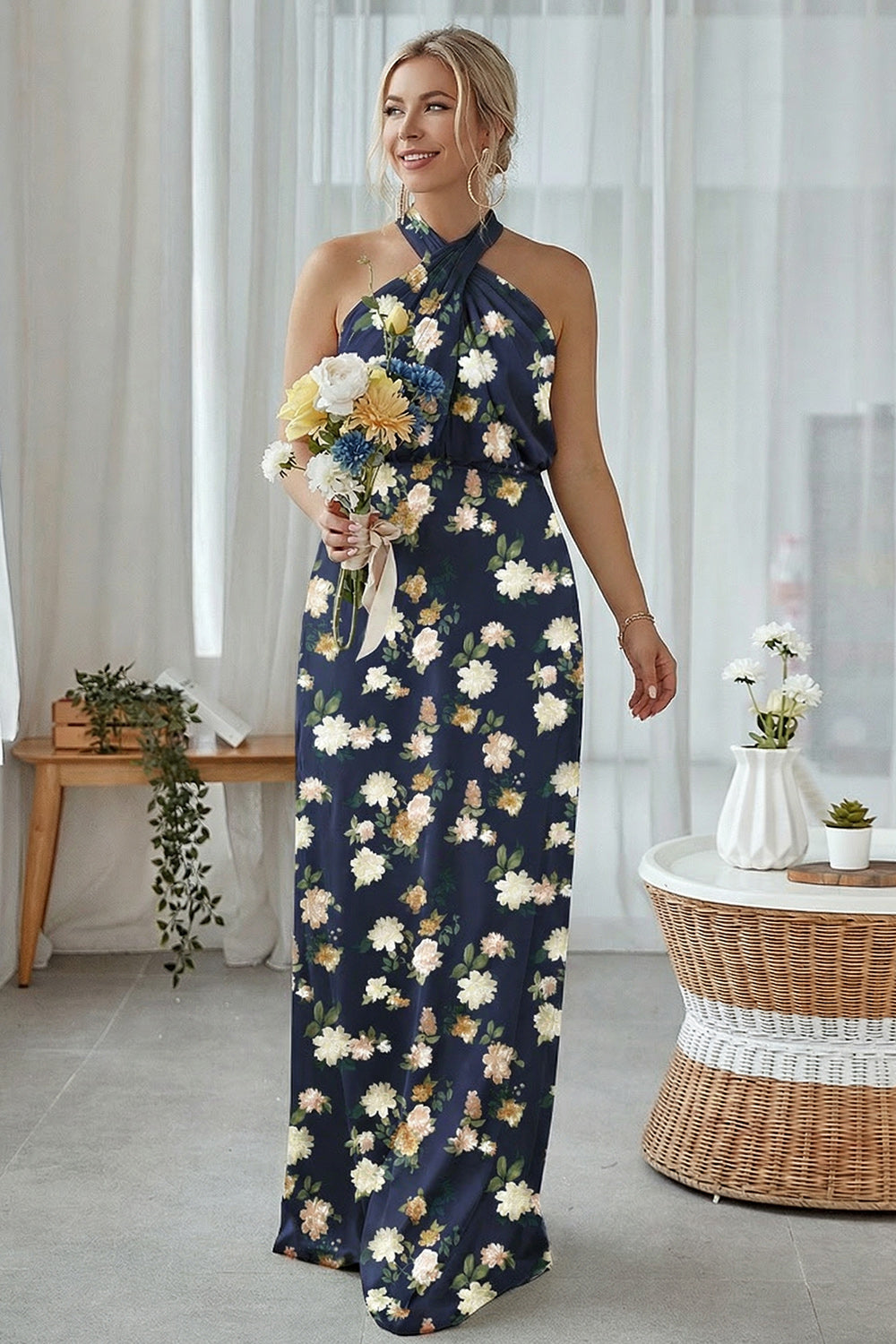Floral Sage White Sheath Plus Size Halter Long Bridesmaid Dress