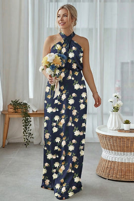 Floral Navy Bloom Plus Size Sheath Halter Long Bridesmaid Dress