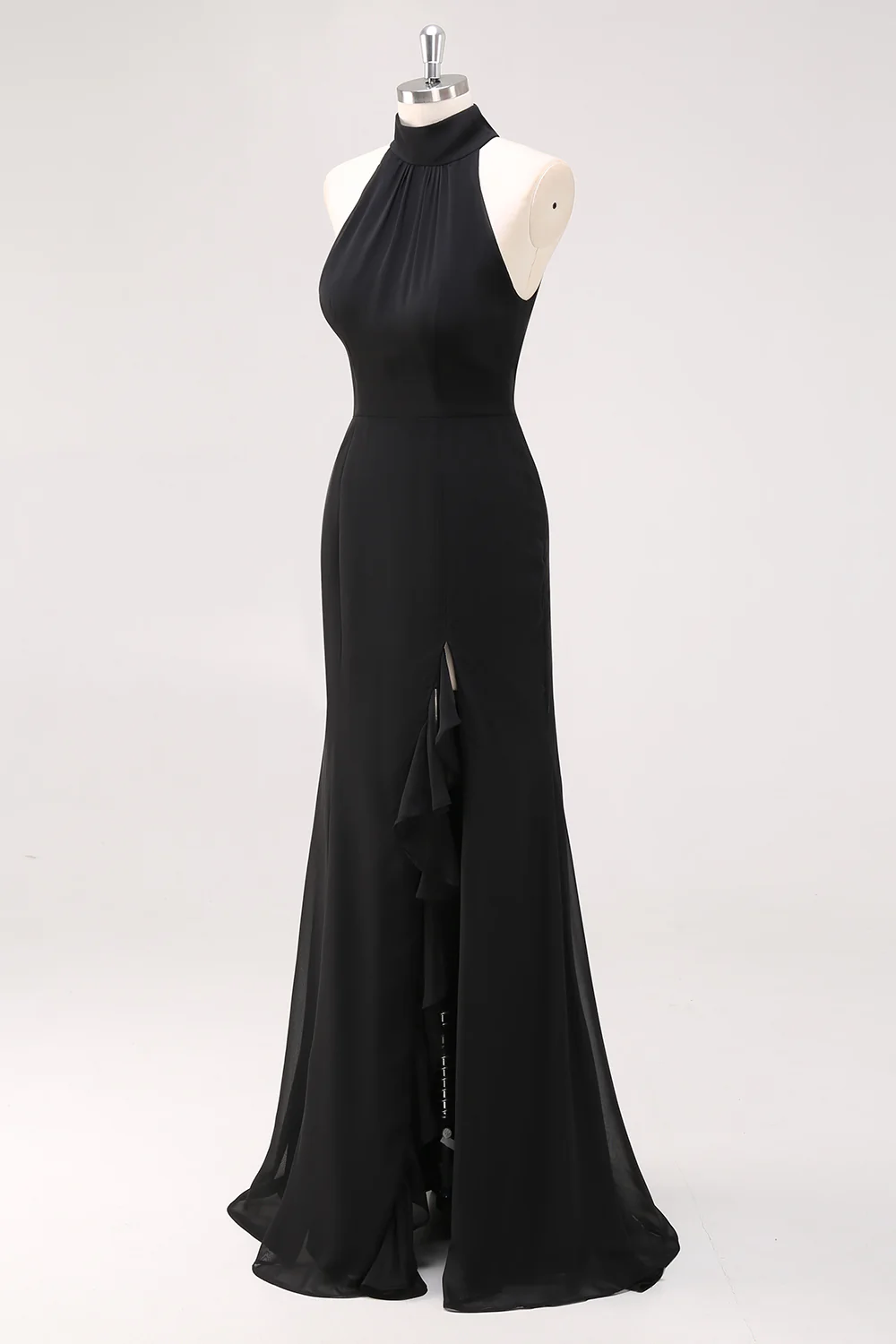 Zapakasa Women Black Halter Neck Long Prom Dress Ruffled Mermaid Formal Dress with Slit Zapakasa Women Black Halter Neck Long Prom Dress Ruffled Mermaid Formal Dress with Slit