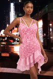 Burgundy Ruffled Tight Short Homecoming Dress with 3D Flowers
