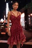 Burgundy Ruffled Tight Short Homecoming Dress with 3D Flowers