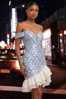 Sparkly Sequin Blue Tight Short Ruffled Homecoming Dress