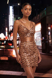 Sparkly Coffee Sequin Spaghetti Straps Tight Short Homecoming Dress