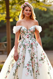 Floral Tulle Ball Gown White Sweep Train Wedding Dress