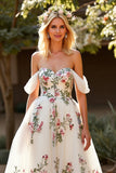 Tulle Floral A Line White Sweep Train Wedding Dress