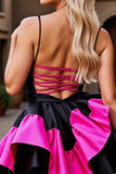 Black and Fuchsia Satin A Line Tiered Short Homecoming Dress with Ruffles