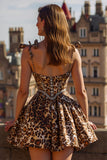 Sparkly Khaki Leopard Printed Short Corset Homecoming Dress with Bows