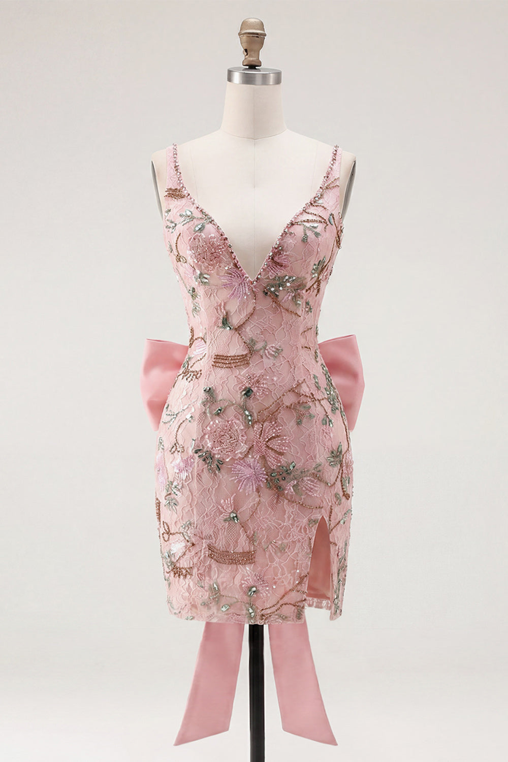 Sparkly Pink Floral Tight Short V-Neck Beaded Homecoming Dress with Bow