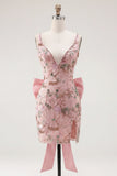 Sparkly Pink Floral Tight Short V-Neck Beaded Homecoming Dress with Bow