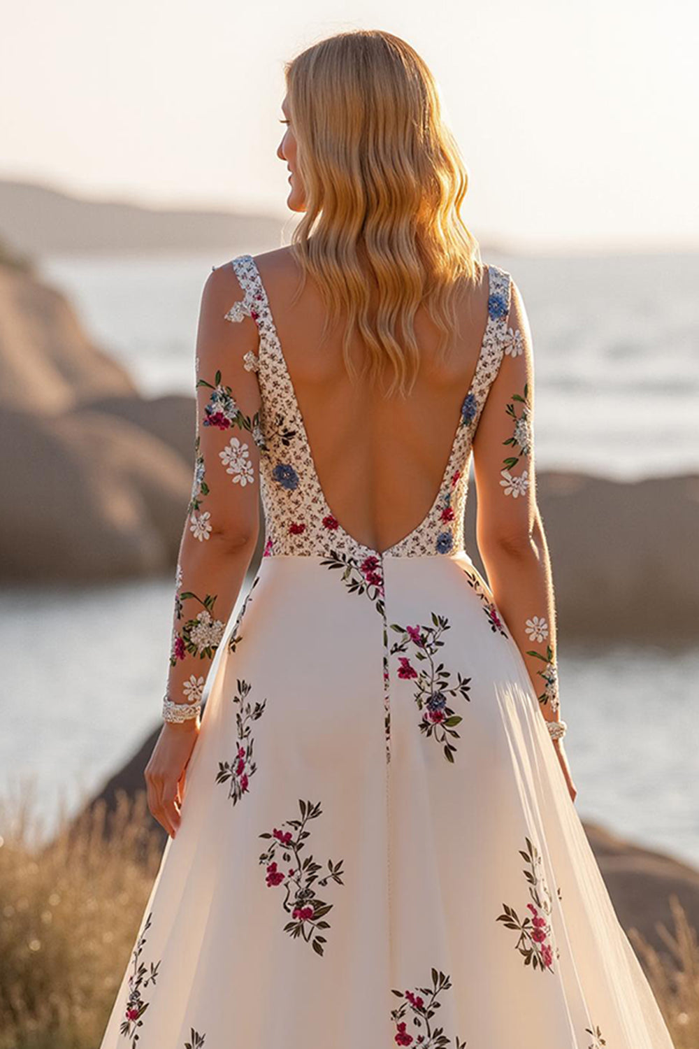 White Long Sleeves Deep V-Neck Floral Wedding Dress