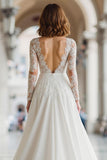 Ivory A Line Illusion Boat Neck Floor-Length Wedding Dress with Lace
