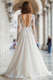 Ivory A Line Illusion Boat Neck Floor-Length Wedding Dress with Lace